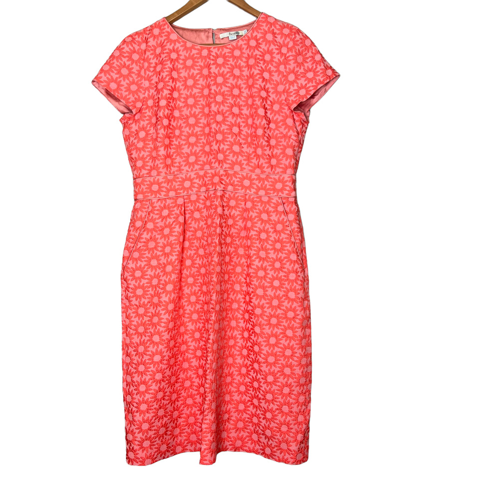 Boden  Daisy Jacquard Fitted Dress Coral Floral Short Sleeve Pockets WH604